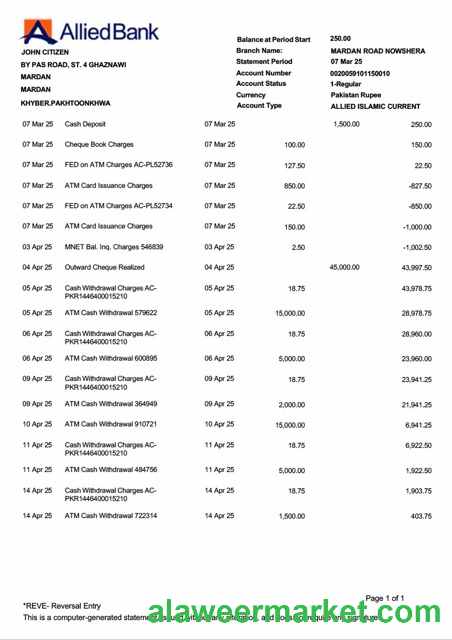 Pakistan Allied Bank Limited account statement Word and PDF template